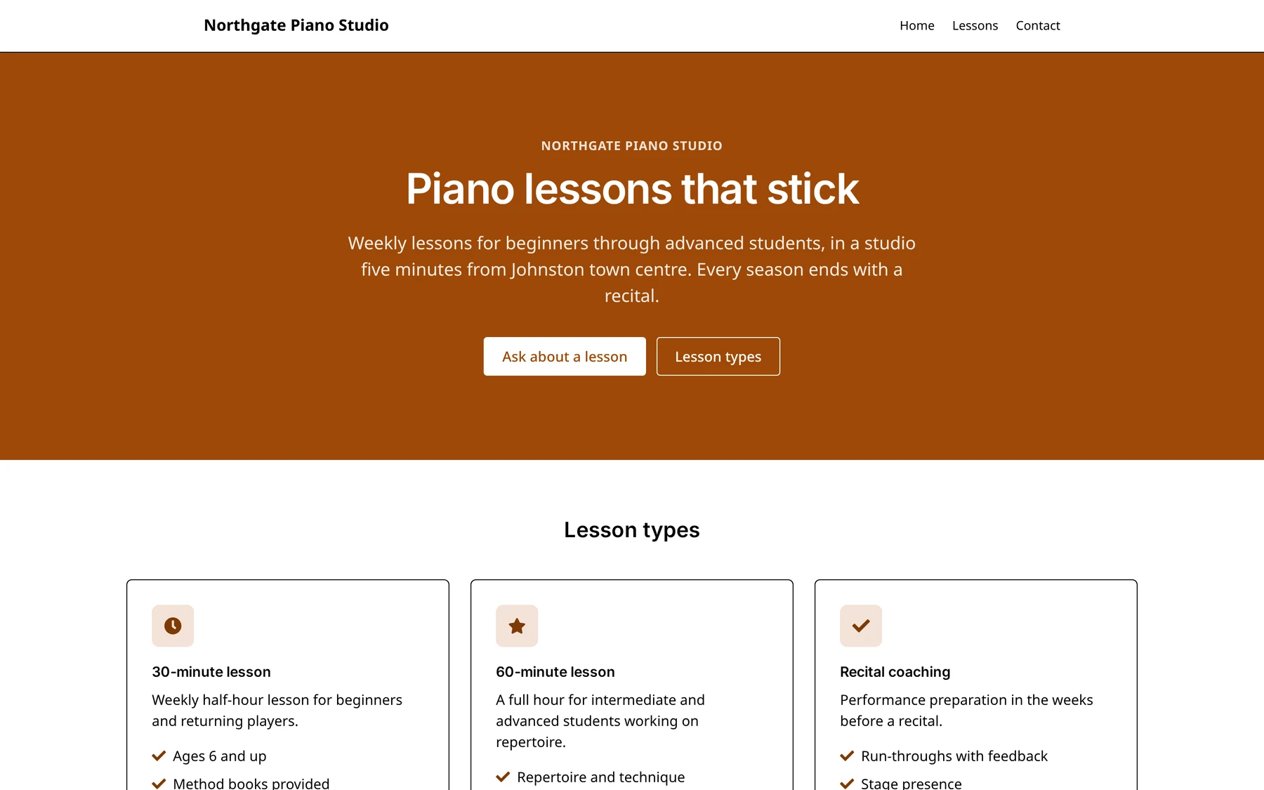 A hosted site built from blocks: a brand-colored hero, three lesson-type cards with icons and feature lists, in the studio's own color.