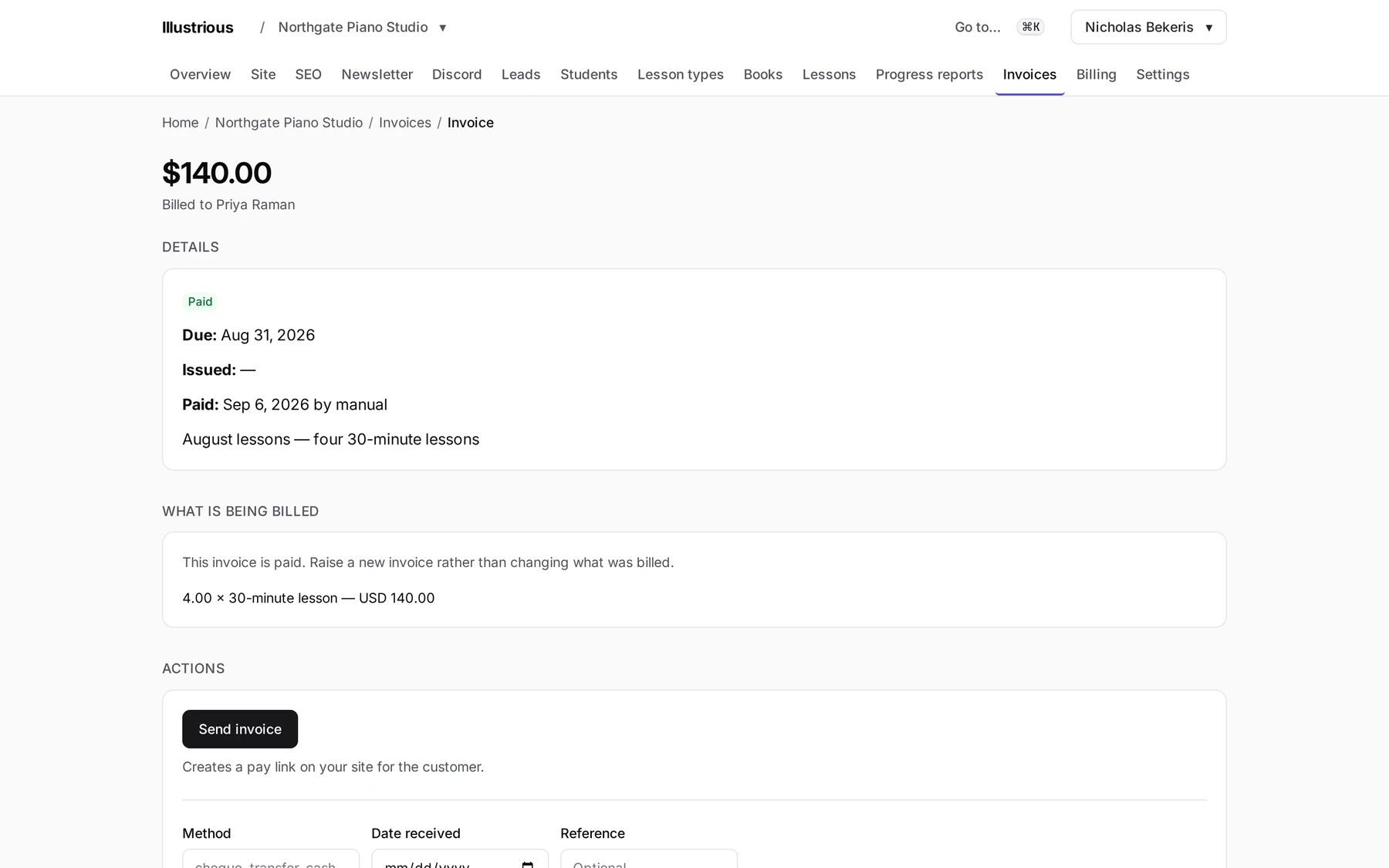 A paid invoice: line items from the studio's own lesson types, the amount, the customer, and the pay link.