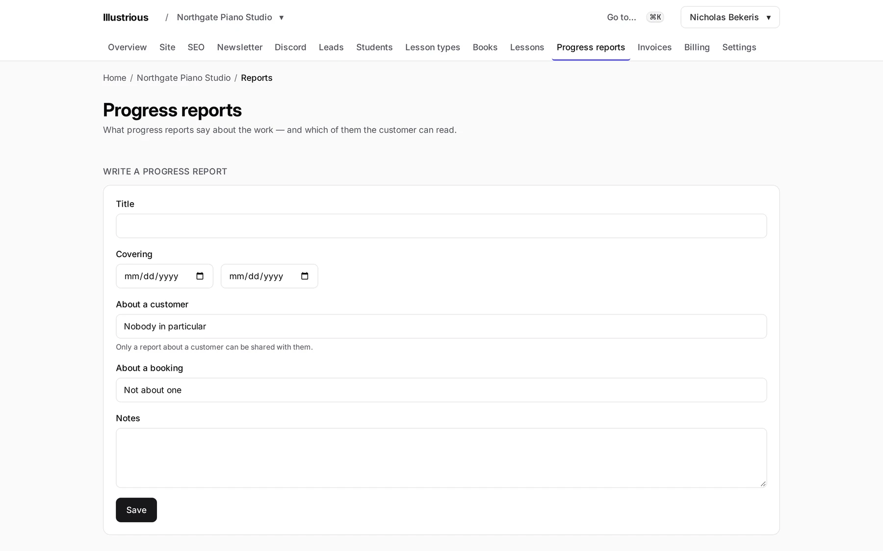 The progress reports list, with one report shared with the student it concerns and a draft awaiting publication.