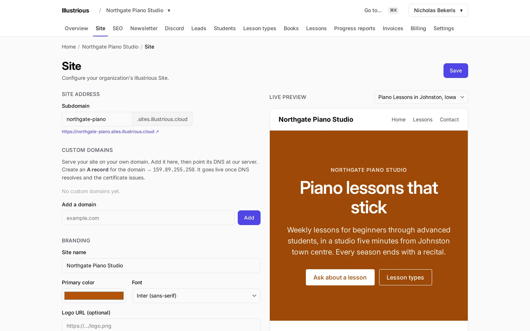 The site editor in the dashboard, where the pages, branding and domain of the hosted site are configured.